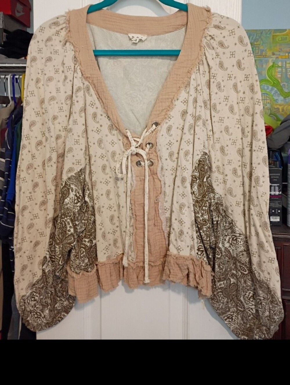 POL Boho Paisley Patchwork Lace Up Raw Hem Top
